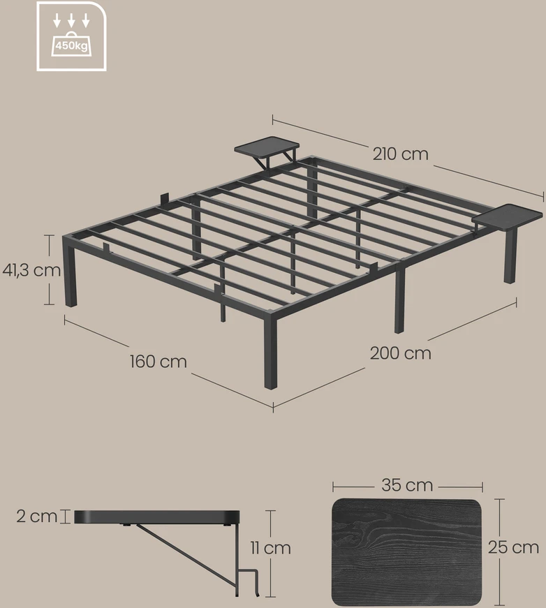 Lova Koduva Dvigulės lovos rėmas 160 x 200 cm, metalinis, su daiktų laikymo lentynomis, juodas