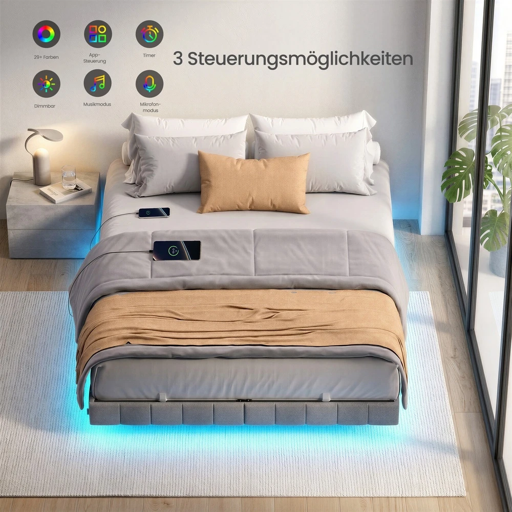 Lova Koduva Lovos rėmas 140 x 200 cm su LED apšvietimu, pilkas, plienas ir fanera