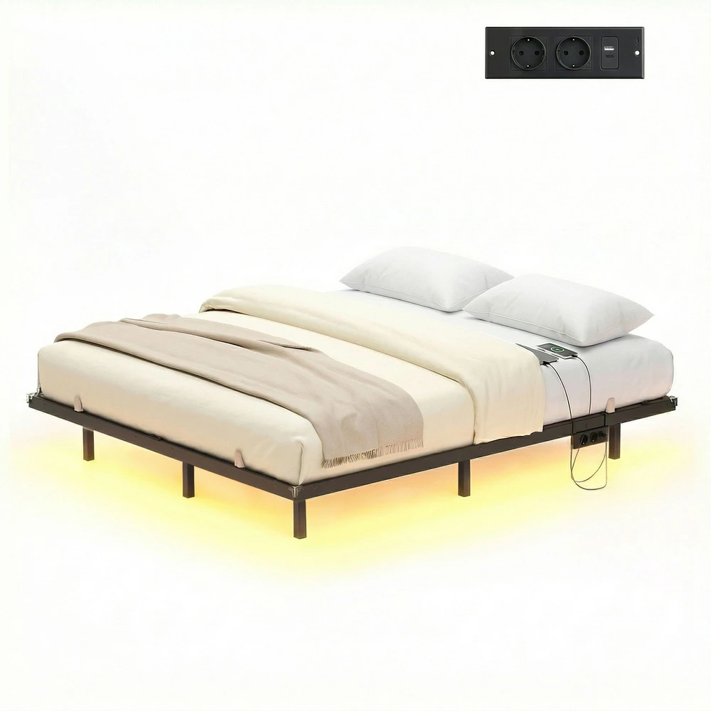 Lova Koduva Lovos rėmas 160 x 200 cm, plieno, su LED apšvietimu, USB-C jungtimi ir kištukinių lizdų bloku, juodas