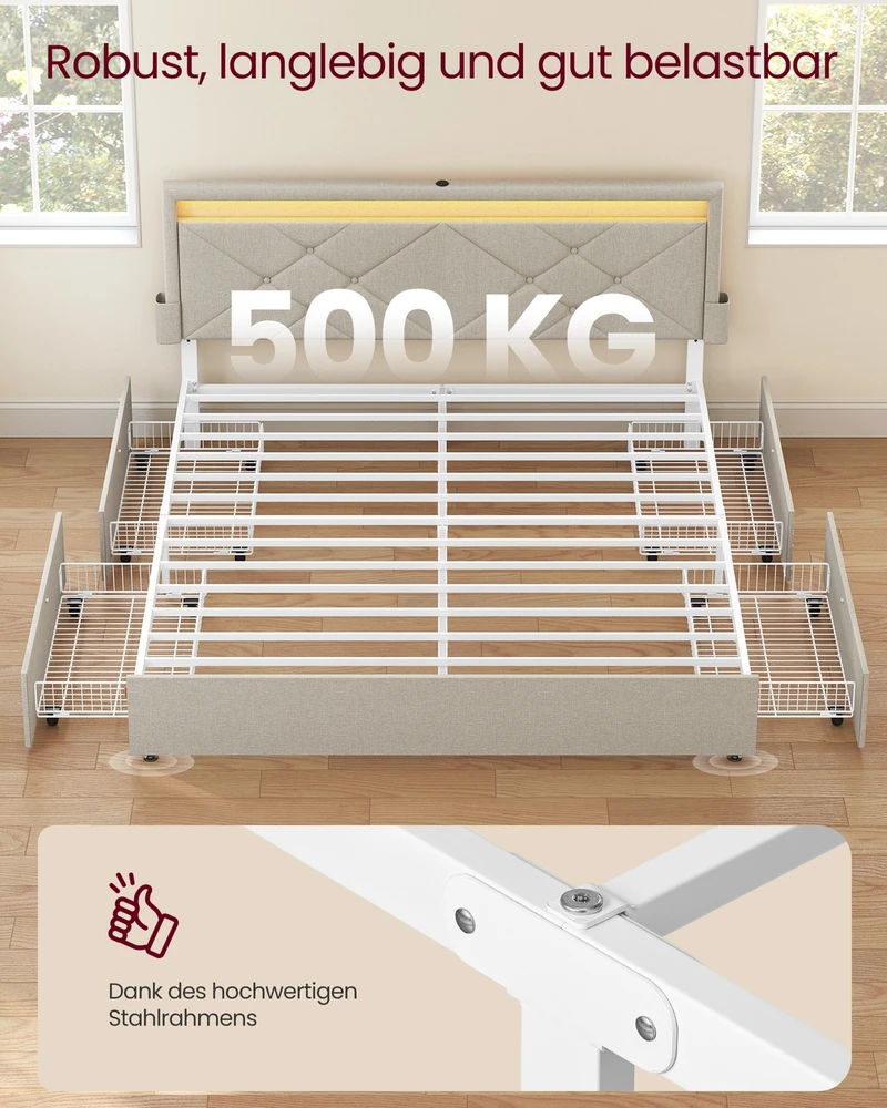 Lova Koduva Lovos rėmas 160 x 200 cm su LED apšvietimu, 4 stalčiais ir reguliuojamu galvūgaliu