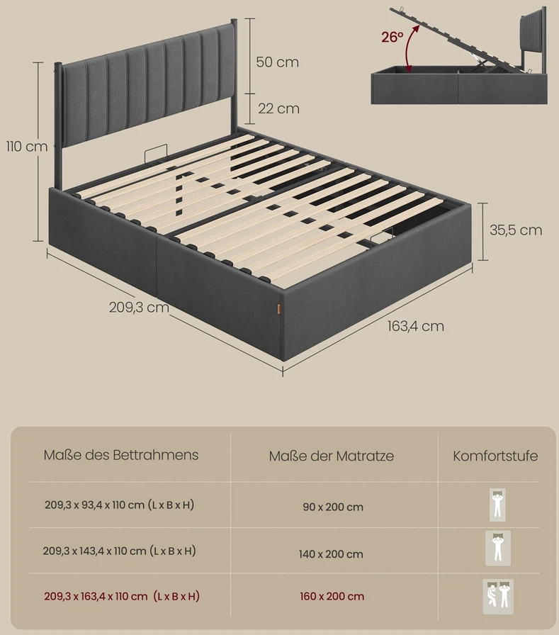 Lova Koduva Lovos rėmas 160 x 200 cm su pakeliamu grotelių pagrindu ir daiktadėže, tamsiai pilkas
