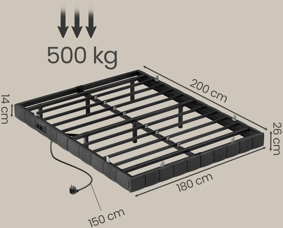 Lova Koduva Lovos rėmas 180 x 200 cm su LED apšvietimu, pilkas, plienas ir fanera