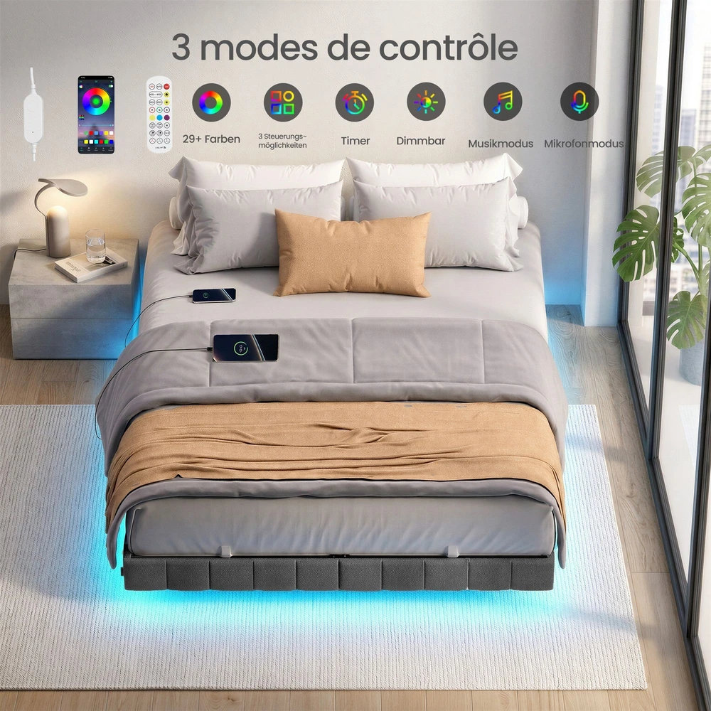 Lova Koduva Lovos rėmas 180 x 200 cm su LED apšvietimu, pilkas, plienas ir fanera