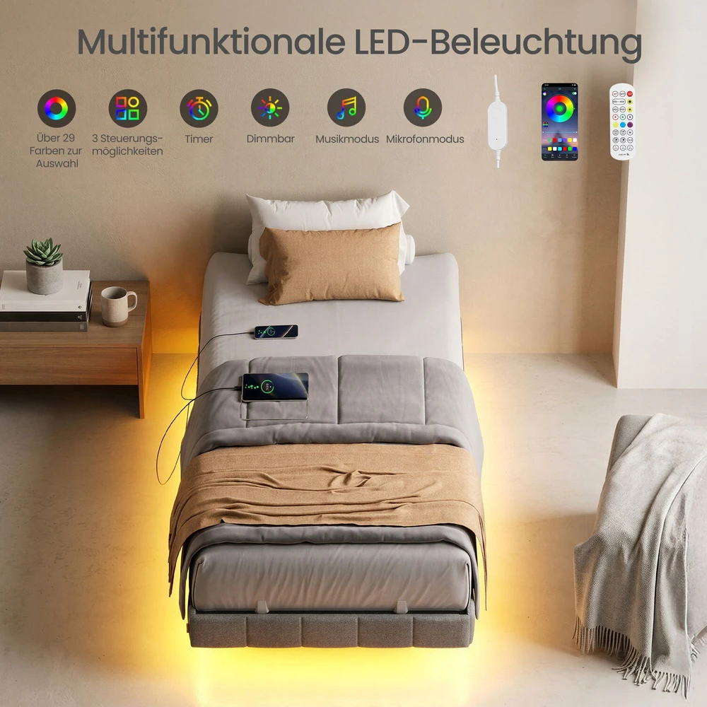 Lova Koduva Lovos rėmas 90 x 200 cm su LED apšvietimu, pilkas, plienas ir fanera