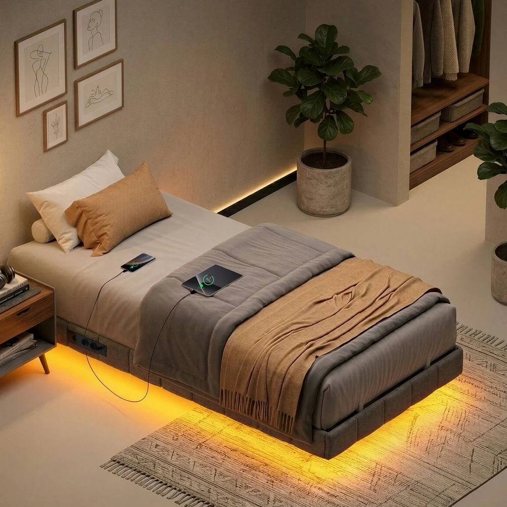Lova Koduva Lovos rėmas 90 x 200 cm su LED apšvietimu, pilkas, plienas ir fanera