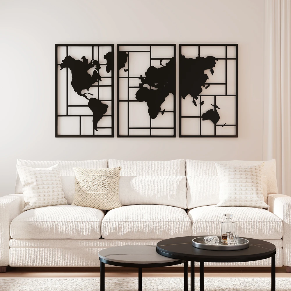 Pakabinamas šviestuvas Aosom 3 dalių metalinė sienų dekoro kompozicija su pasaulio žemėlapio motyvu, juoda, 150 x 80 cm