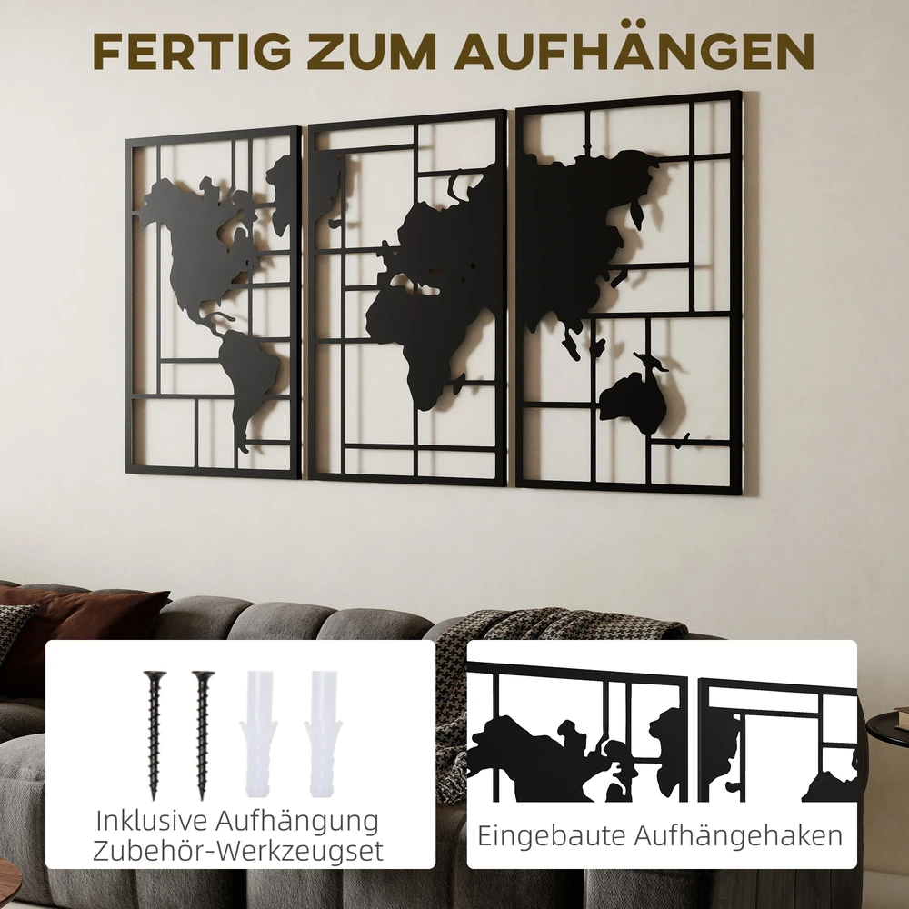 Pakabinamas šviestuvas Aosom 3 dalių metalinė sienų dekoro kompozicija su pasaulio žemėlapio motyvu, juoda, 150 x 80 cm