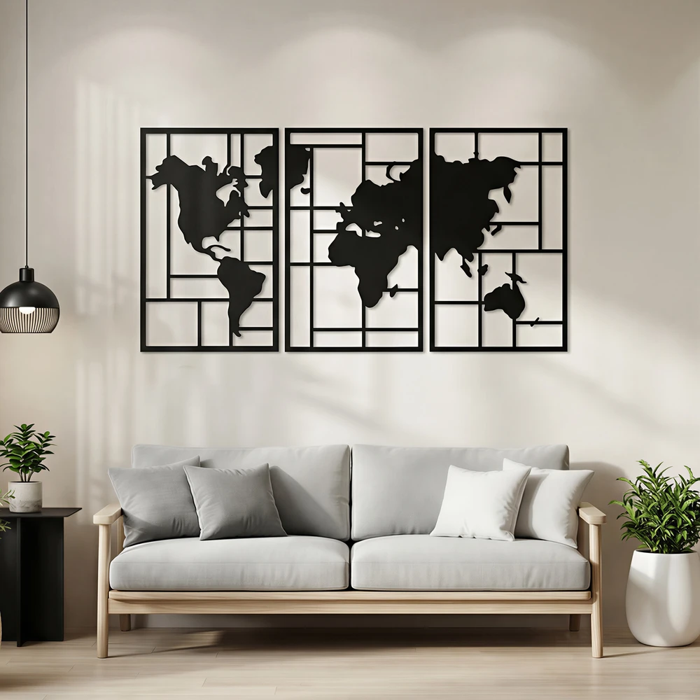 Pakabinamas šviestuvas Aosom 3 dalių metalinė sienų dekoro kompozicija su pasaulio žemėlapio motyvu, juoda, 150 x 80 cm