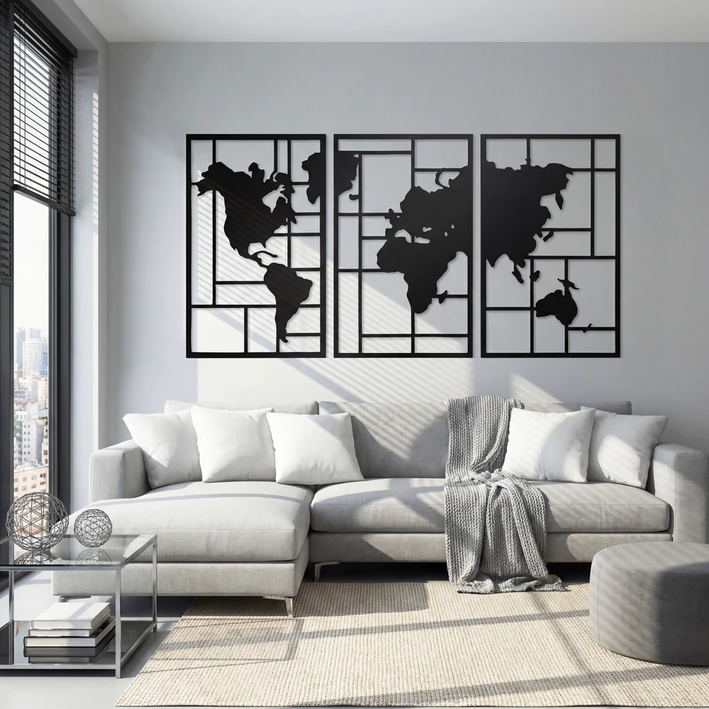 Pakabinamas šviestuvas Aosom 3 dalių metalinė sienų dekoro kompozicija su pasaulio žemėlapio motyvu, juoda, 150 x 80 cm