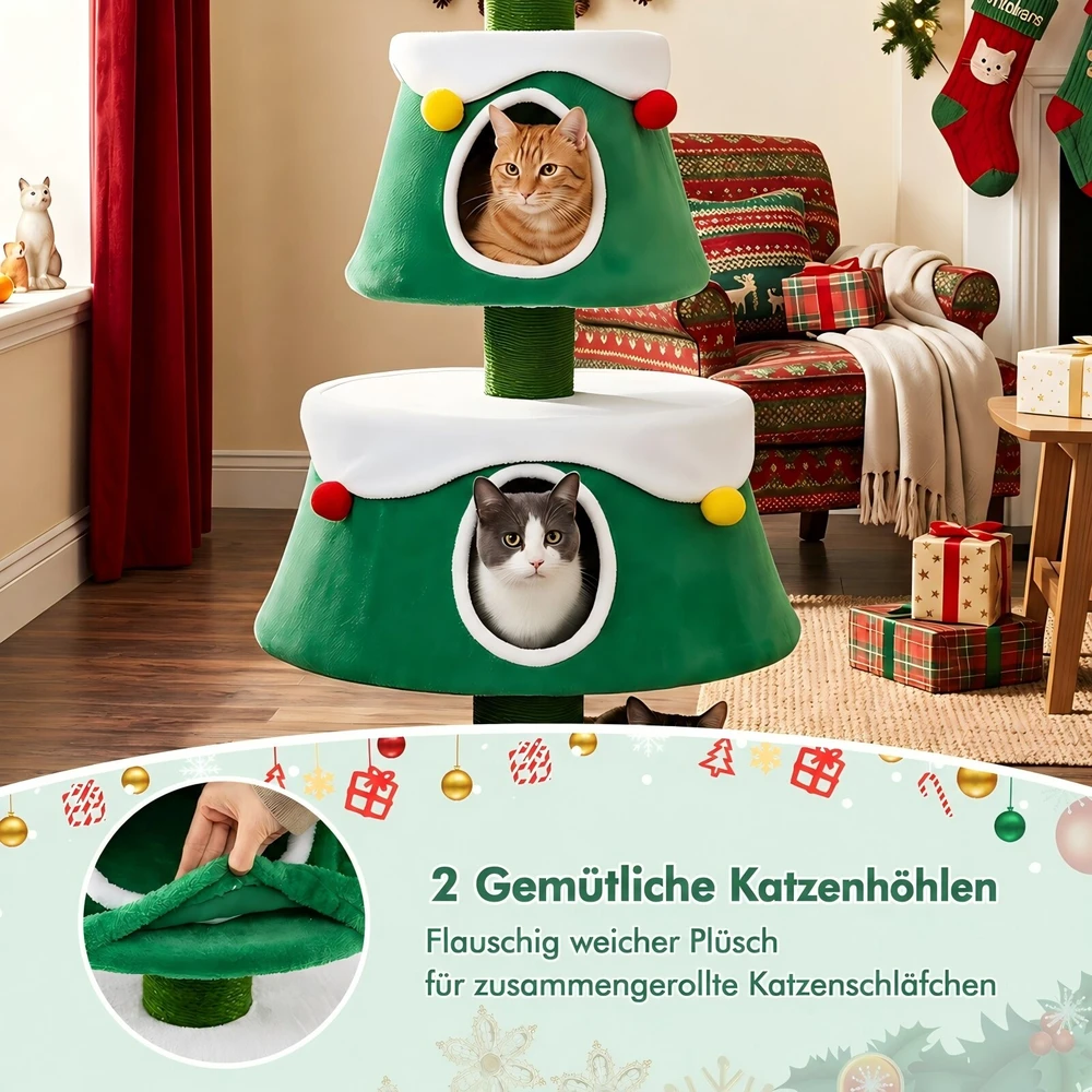 Promotion 156 cm Kalėdų eglutės formos kačių bokštas su 2 nameliais, žalias