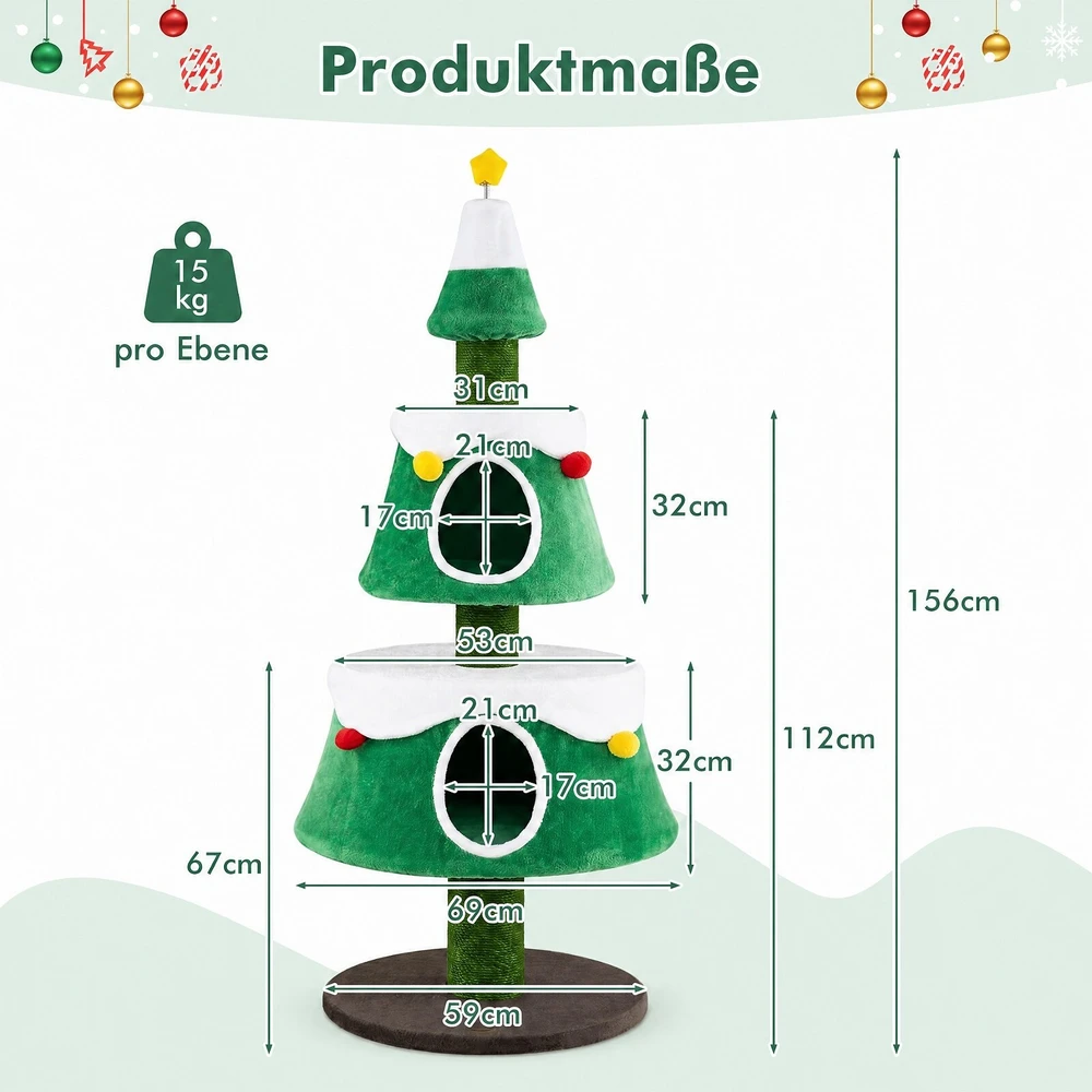 Promotion 156 cm Kalėdų eglutės formos kačių bokštas su 2 nameliais, žalias