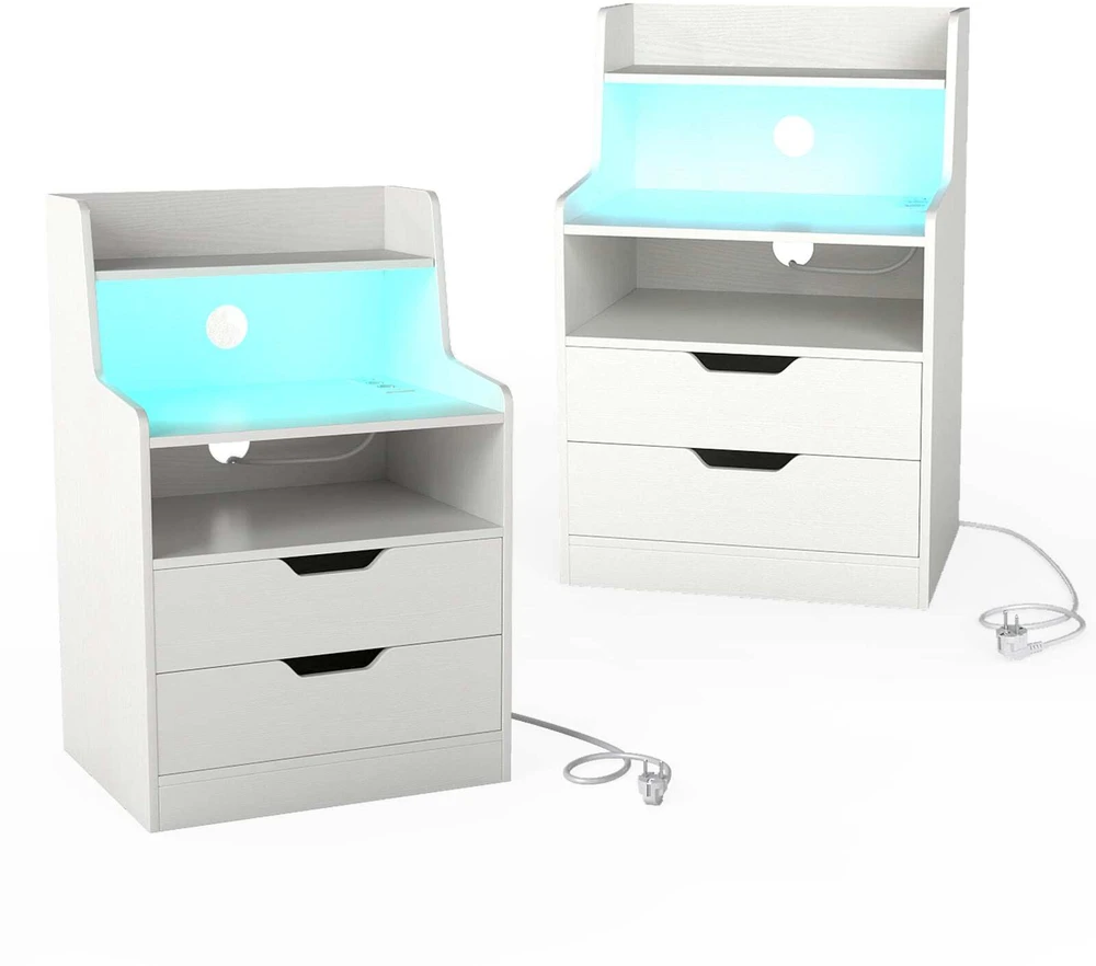 Promotion 2 baltų LED naktinių staliukų komplektas su įkrovimo stotele, 45 x 35 x 72,5 cm