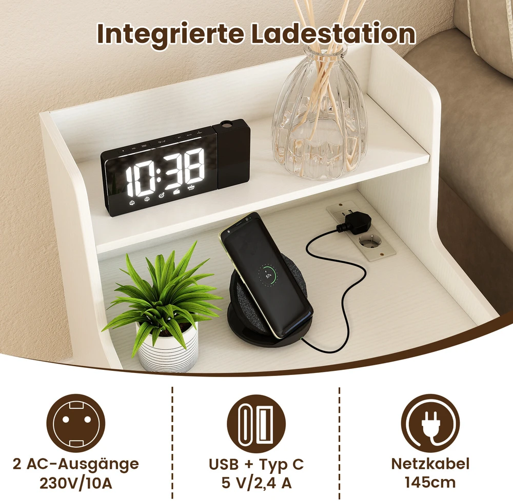 Promotion 2 baltų LED naktinių staliukų komplektas su įkrovimo stotele, 45 x 35 x 72,5 cm