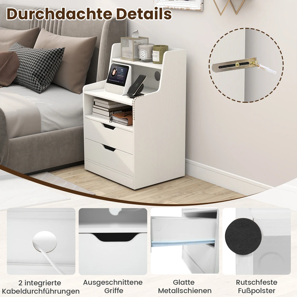 Promotion 2 baltų LED naktinių staliukų komplektas su įkrovimo stotele, 45 x 35 x 72,5 cm