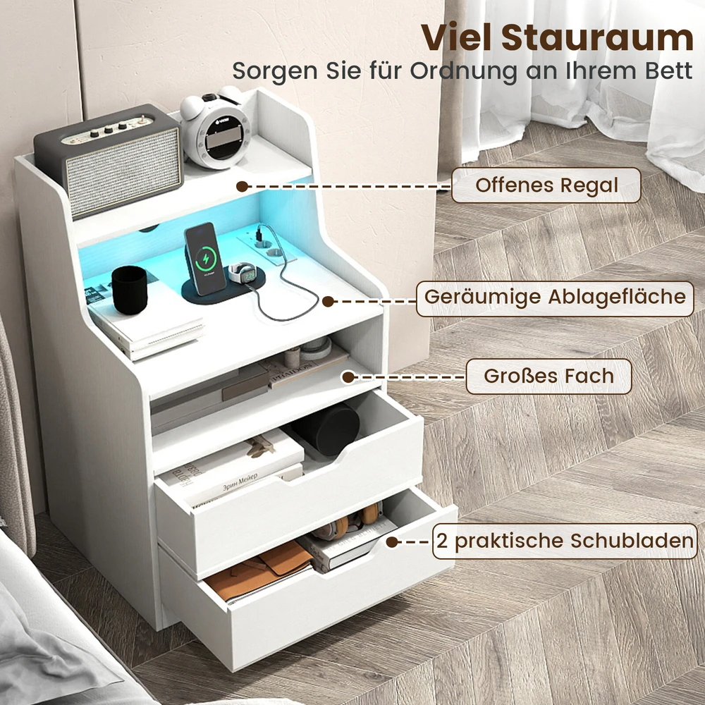 Promotion 2 baltų LED naktinių staliukų komplektas su įkrovimo stotele, 45 x 35 x 72,5 cm