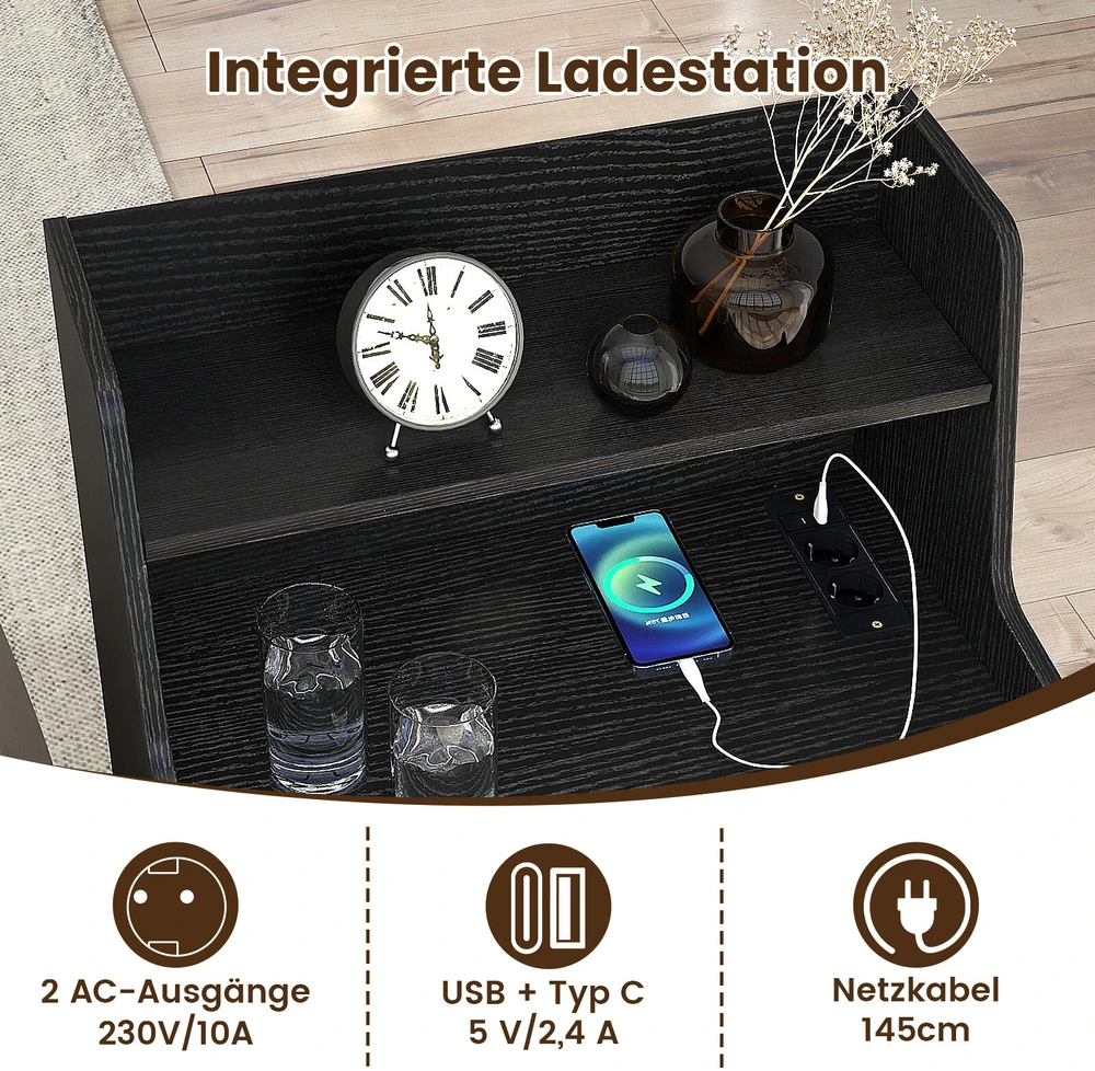 Promotion 2 LED naktinių staliukų rinkinys su įkrovimo stotele, 2 stalčiai, juodas