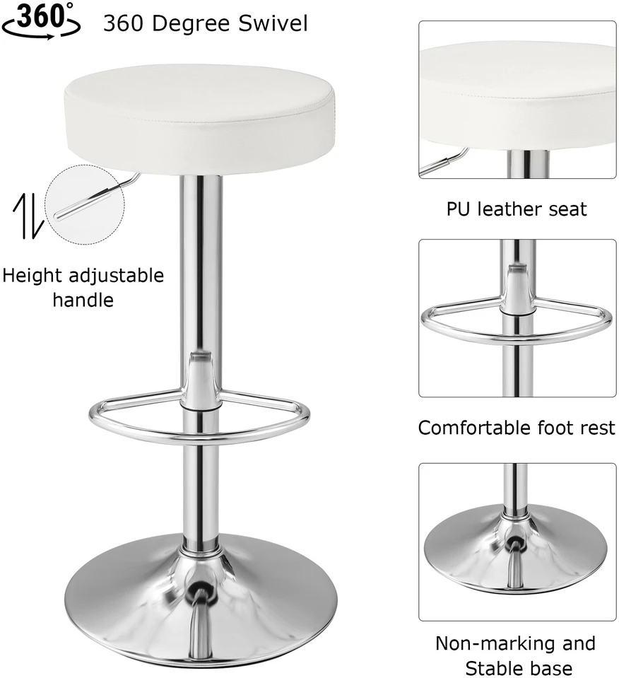 Promotion 2 reguliuojamų apvalių baro kėdžių rinkinys, PU oda, balta, 64,8-83,8 cm