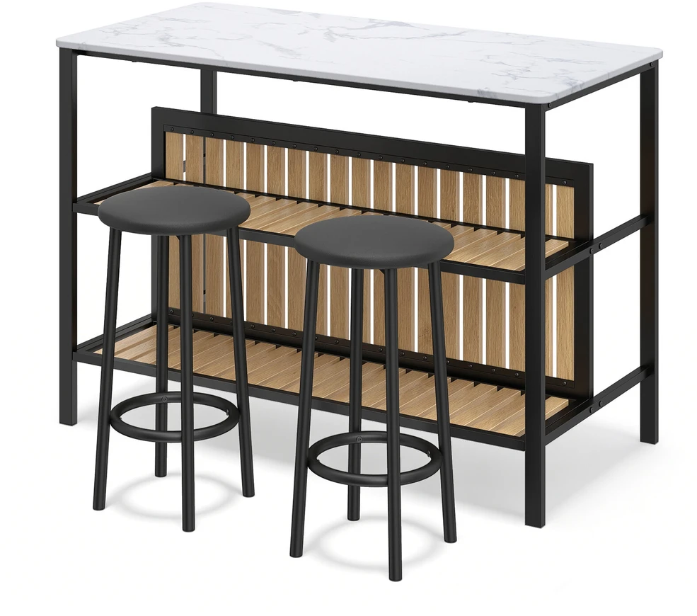 Promotion Baro stalo komplektas su 2 taburetėmis ir lentyna, 3 dalių, balta / ruda / juoda, 119,38 x 59,69 x 83,82 cm