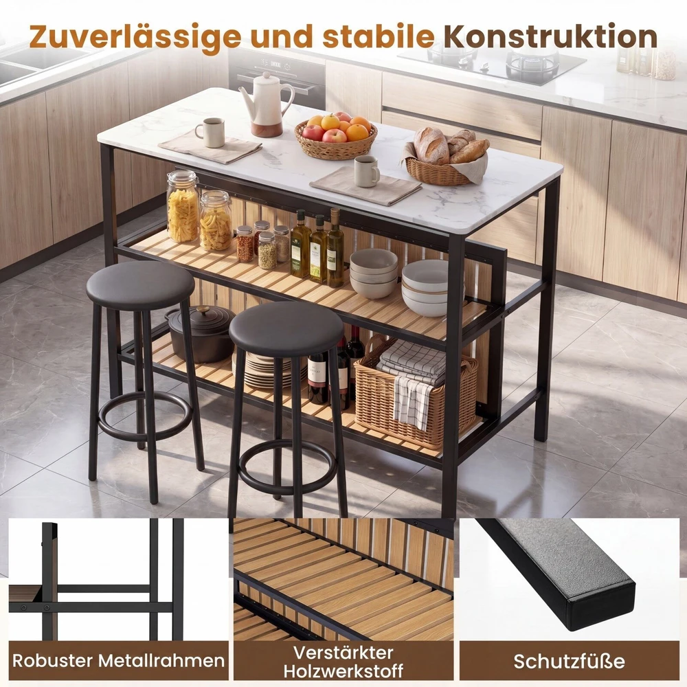 Promotion Baro stalo komplektas su 2 taburetėmis ir lentyna, 3 dalių, balta / ruda / juoda, 119,38 x 59,69 x 83,82 cm