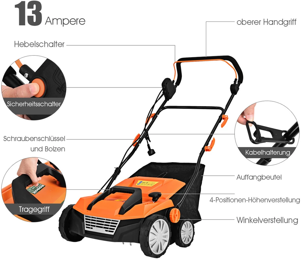 Promotion Elektrinis vejos skarifikatorius ir aeratorius, 1800 W, oranžinis, 67 x 58 x 86-104 cm