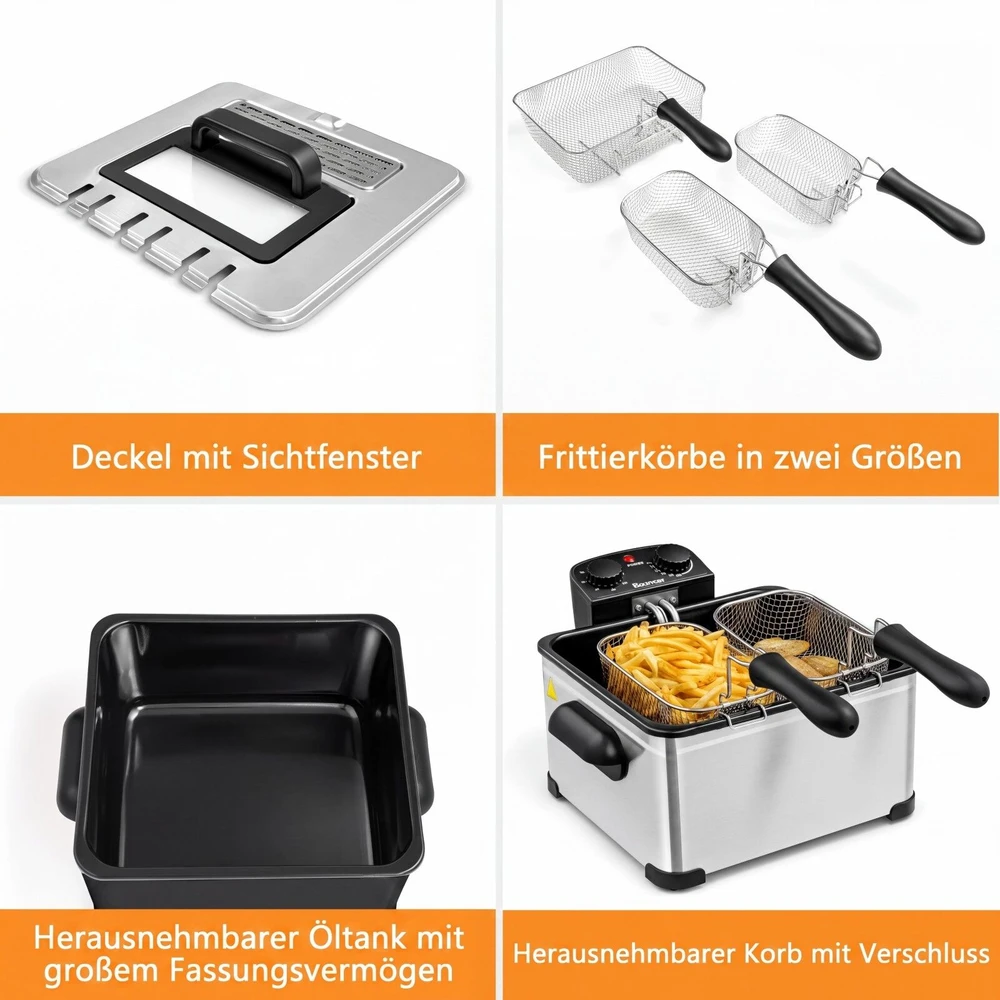 Promotion Gruzdintuvė su 3 kepimo krepšeliais, 5 l, 1700 W, nerūdijantis plienas, sidabrinė, juoda