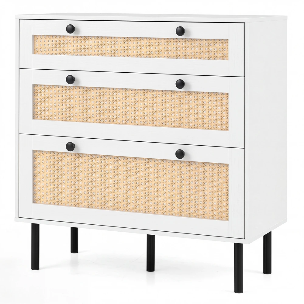 Promotion Komoda su 3 stalčiais, balta, ratano dizainas, 75 x 35 x 77,5 cm