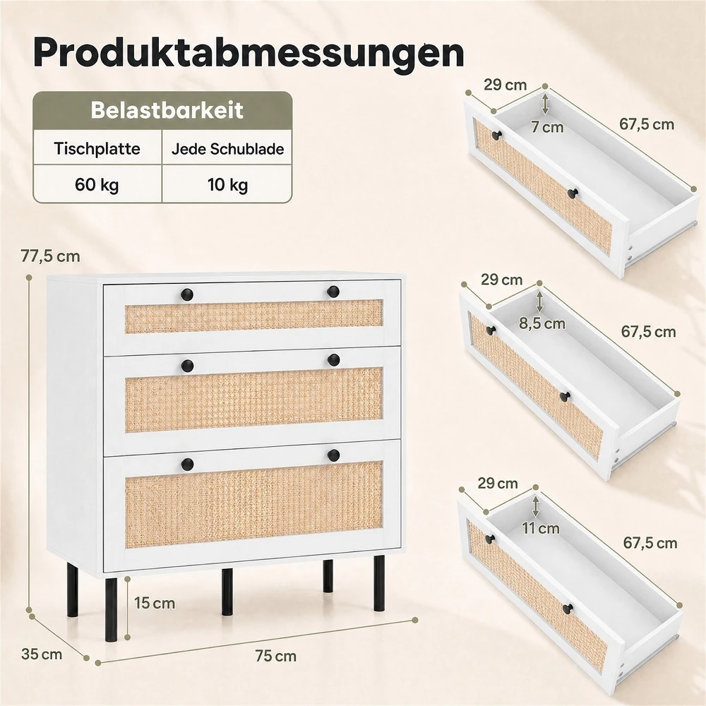 Promotion Komoda su 3 stalčiais, balta, ratano dizainas, 75 x 35 x 77,5 cm