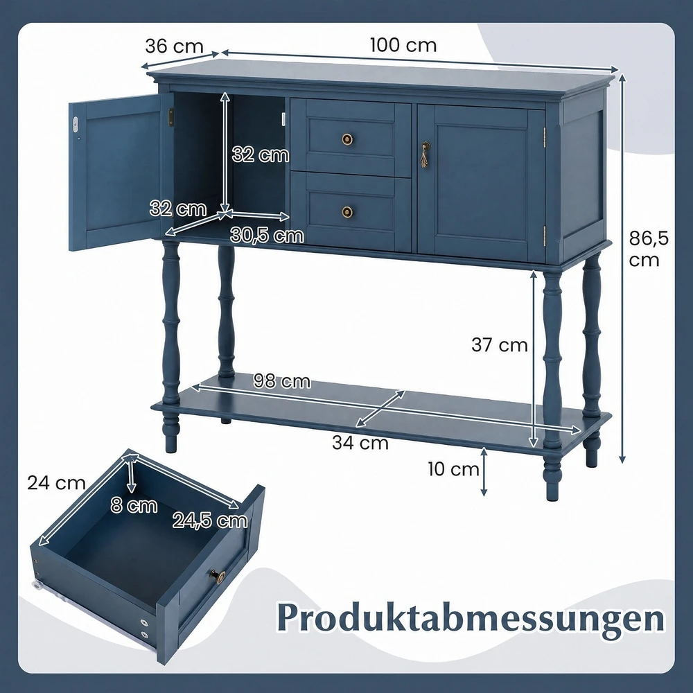 Promotion Konsolinis staliukas su 2 stalčiais, 2 spintelėmis ir apatine lentyna, mėlynas, 102 x 36 x 86 cm