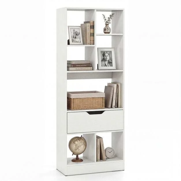 Promotion Laisvai pastatoma knygų lentyna su stalčiumi ir 7 atviromis nišomis, balta, 50 x 24 x 130 cm