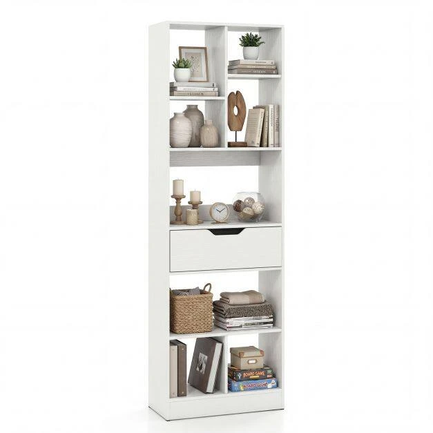 Promotion Laisvai pastatoma knygų lentyna su 8 atviromis nišomis ir stalčiumi, balta, 50 x 24 x 155 cm