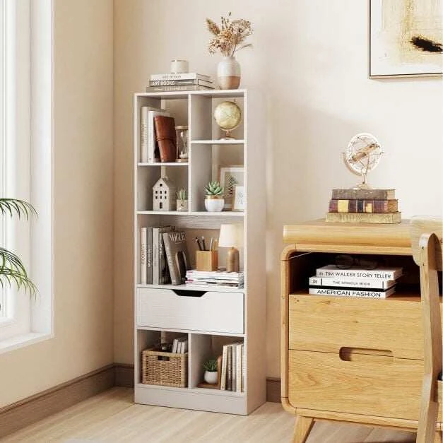 Promotion Laisvai pastatoma knygų lentyna su stalčiumi ir 7 atviromis nišomis, balta, 50 x 24 x 130 cm
