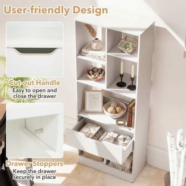 Promotion Laisvai pastatoma knygų lentyna su stalčiumi ir 7 atviromis nišomis, balta, 50 x 24 x 130 cm