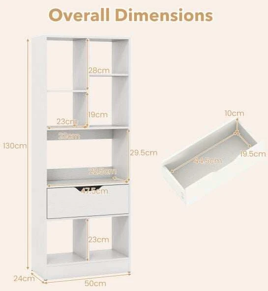 Promotion Laisvai pastatoma knygų lentyna su stalčiumi ir 7 atviromis nišomis, balta, 50 x 24 x 130 cm