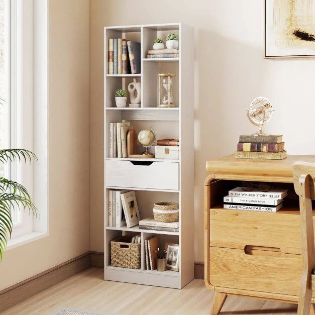 Promotion Laisvai pastatoma knygų lentyna su 8 atviromis nišomis ir stalčiumi, balta, 50 x 24 x 155 cm