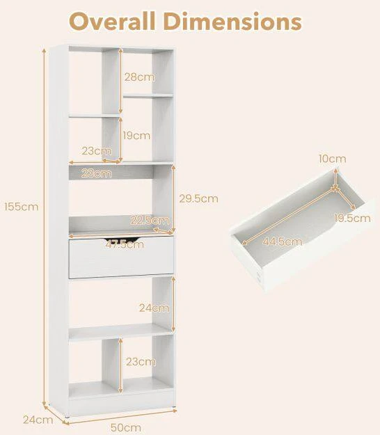 Promotion Laisvai pastatoma knygų lentyna su 8 atviromis nišomis ir stalčiumi, balta, 50 x 24 x 155 cm