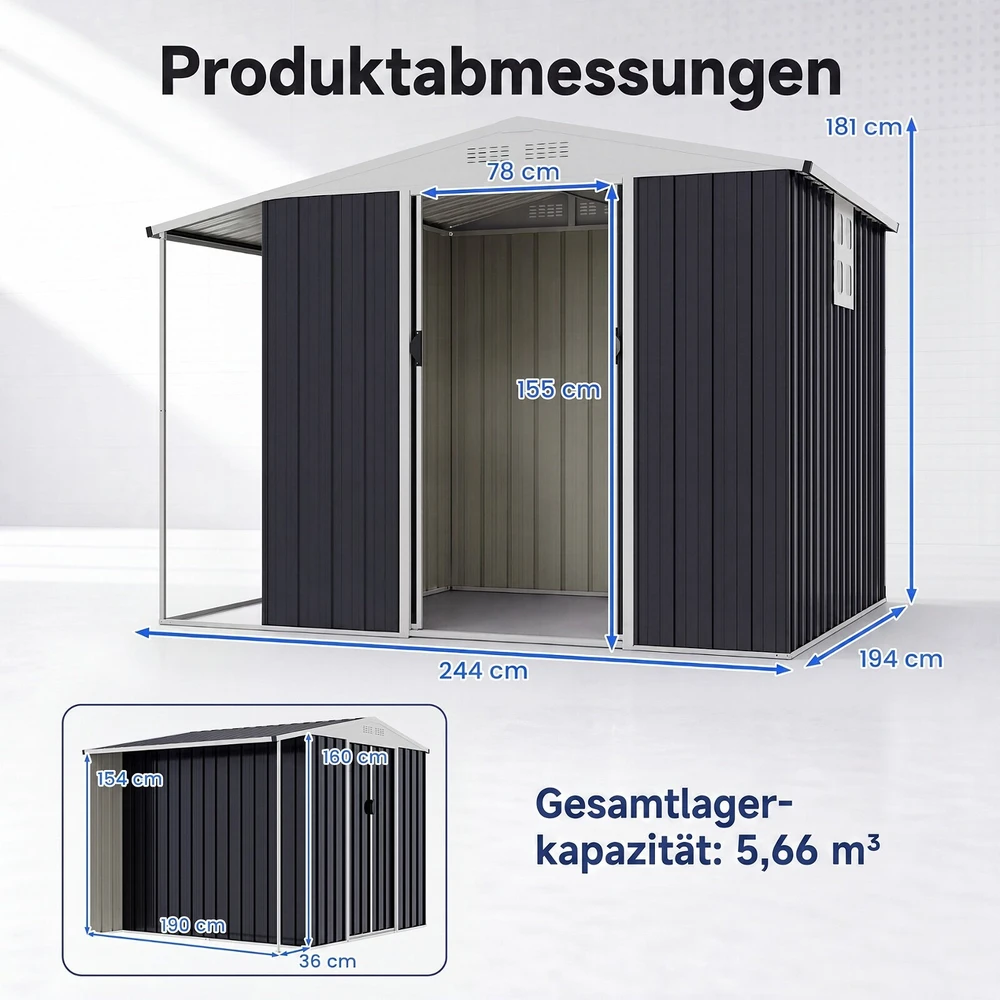 Promotion Lauko sandėliukas su dvigubomis stumdomomis durimis ir malkų skyriumi, pilkas, 244 x 195 x 180 cm