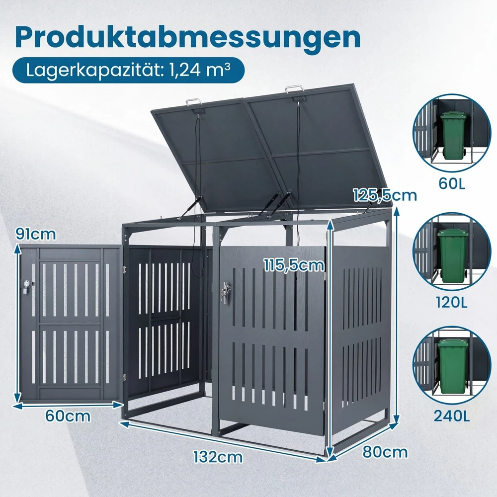 Promotion Lauko šiukšliadėžių laikymo spinta 2 konteineriams, metalinė, pilka, 132 x 81 x 126 cm