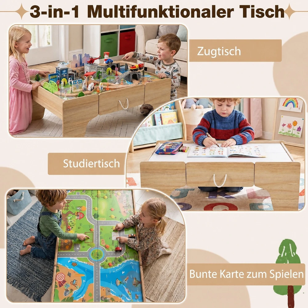 Promotion Medinis traukinių stalas vaikams nuo 3 metų, 110 dalių, natūralios spalvos, 107 x 64 x 41 cm