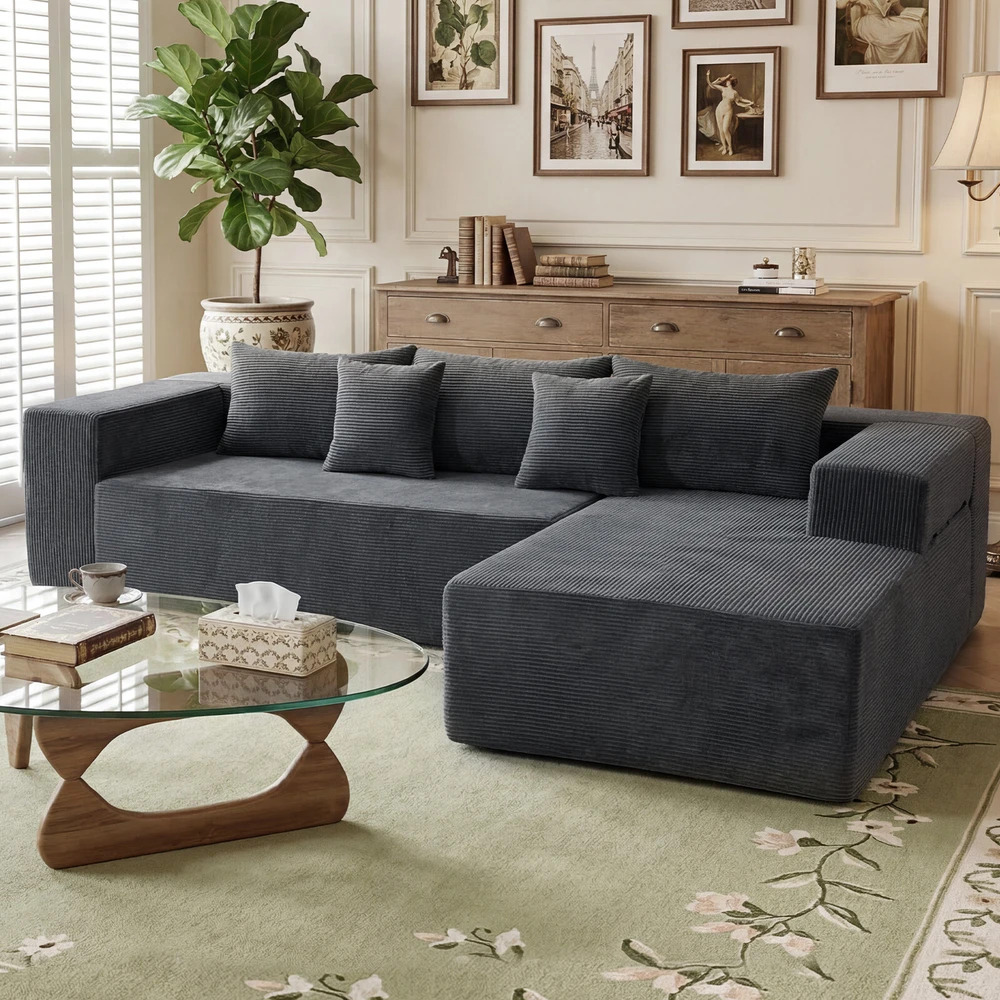 Promotion Modulinė kampinė sofa 4 asmenims su šezlongu, pilka, velveto audinys, 275 x 177 x 58 cm