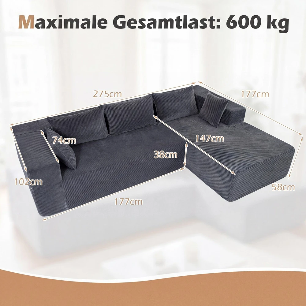 Promotion Modulinė kampinė sofa 4 asmenims su šezlongu, pilka, velveto audinys, 275 x 177 x 58 cm