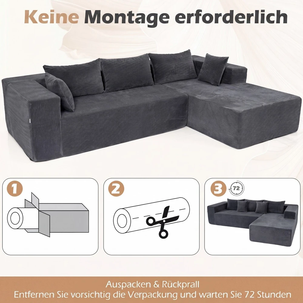 Promotion Modulinė kampinė sofa 4 asmenims su šezlongu, pilka, velveto audinys, 275 x 177 x 58 cm