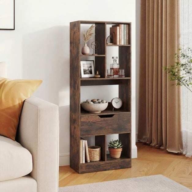Promotion Pastatoma knygų lentyna su stalčiumi ir 7 atviromis nišomis, rusvai ruda, 50 x 24 x 130 cm