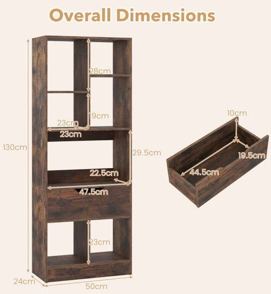 Promotion Pastatoma knygų lentyna su stalčiumi ir 7 atviromis nišomis, rusvai ruda, 50 x 24 x 130 cm