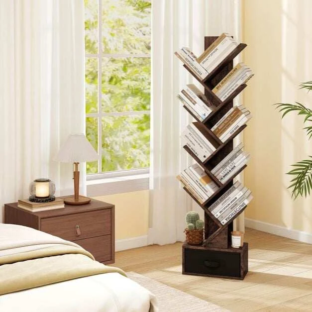 Promotion Pastatoma medžio formos knygų lentyna su stalčiumi, ruda, 38 x 21,5 x 149,5 cm