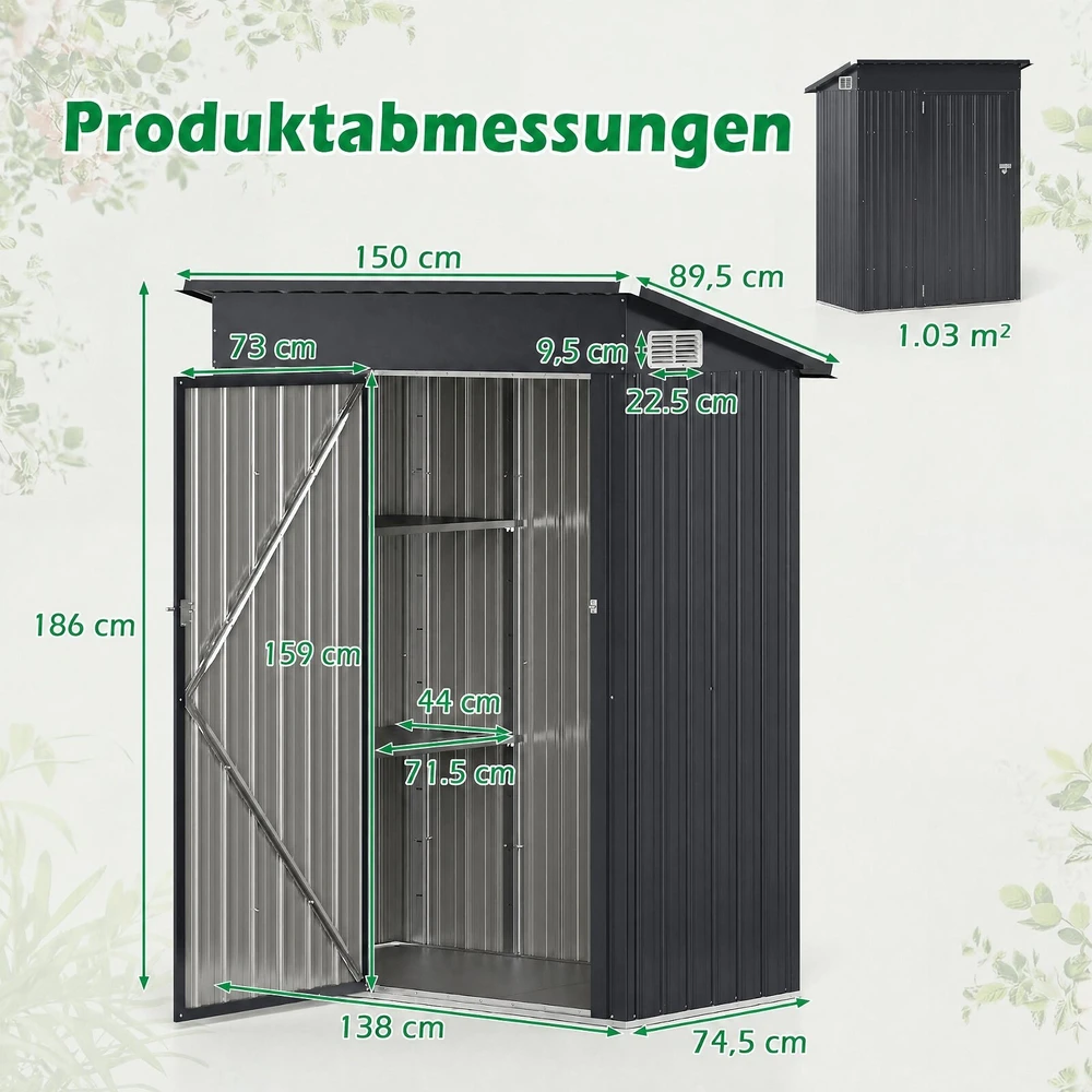 Promotion Pilka sodo pašiūrė iš cinkuoto metalo su 2 reguliuojamomis lentynomis, 150 x 89,5 x 186 cm