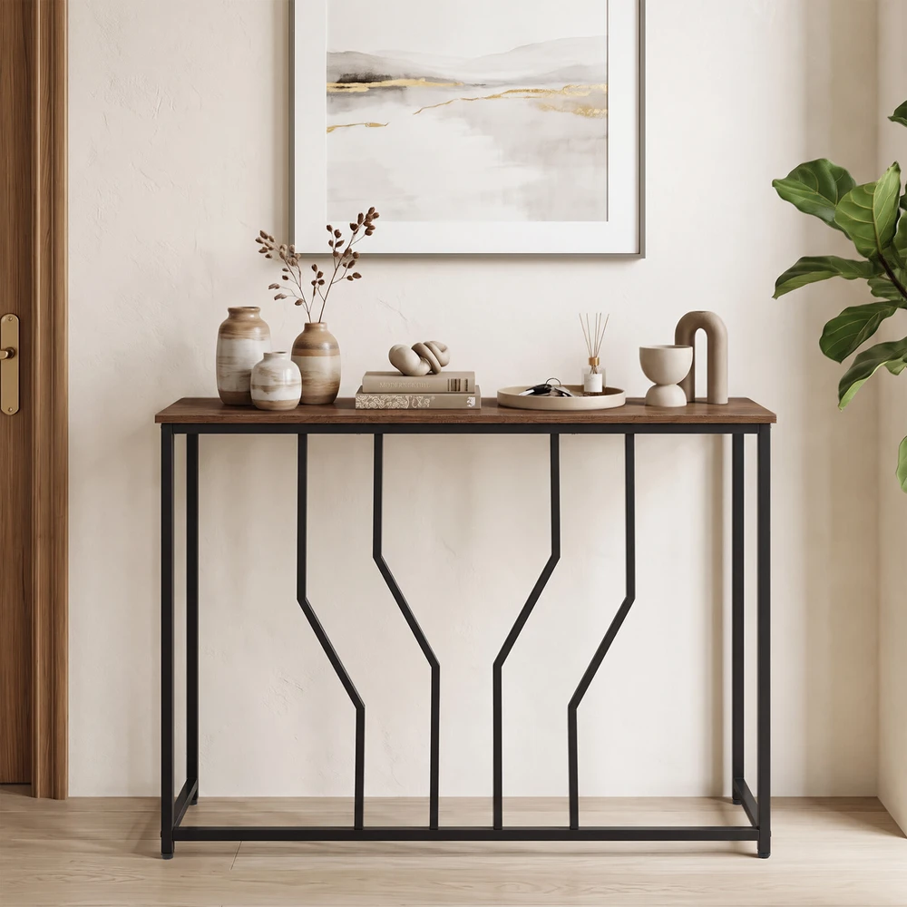 Promotion Siauras konsolinis staliukas, metalo rėmas, rusvai rudas ir juodas, 110 x 30 x 80 cm