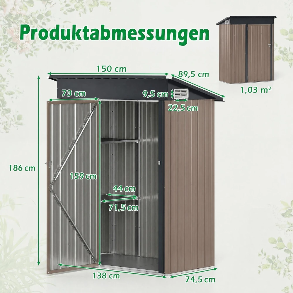 Promotion Sodo sandėliukas iš cinkuoto metalo su 2 reguliuojamomis lentynomis ir durimis, šviesiai rudas