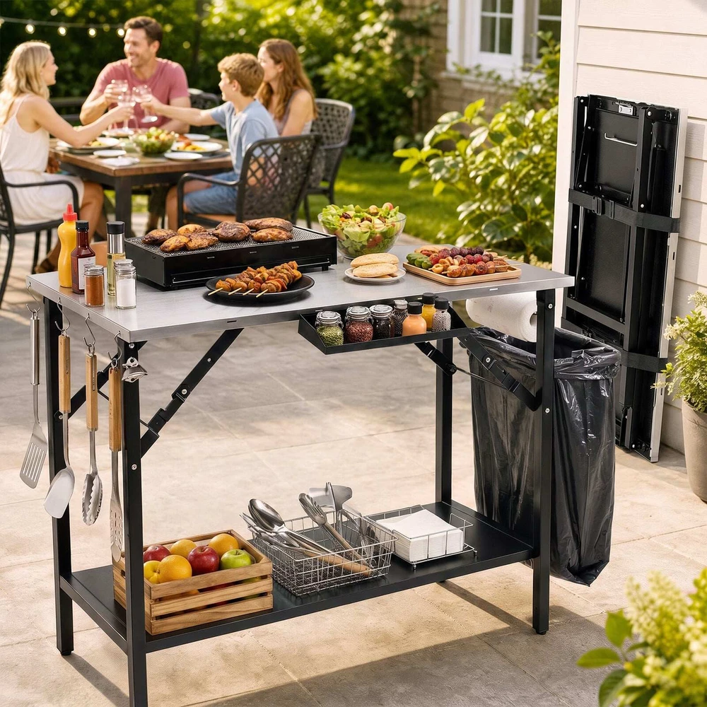 Promotion Sulankstomas kempingo stalas su nerūdijančio plieno stalviršiu, juodas ir sidabrinis, 109 x 55 x 83 cm