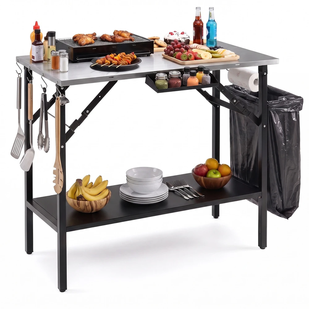 Promotion Sulankstomas kempingo stalas su nerūdijančio plieno stalviršiu, juodas ir sidabrinis, 109 x 55 x 83 cm