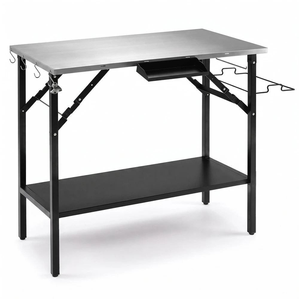 Promotion Sulankstomas kempingo stalas su nerūdijančio plieno stalviršiu, juodas ir sidabrinis, 109 x 55 x 83 cm